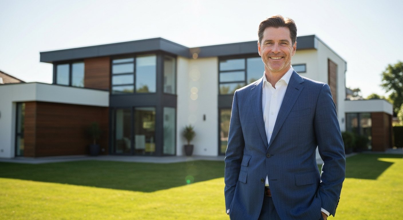 A real estate agent in a blue suit standing in front of a modern white luxury home